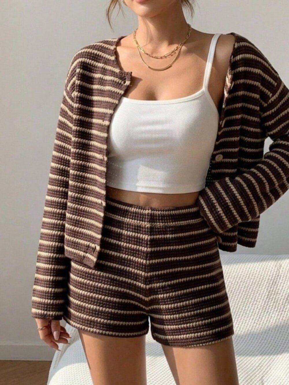 Brown Casual Women's Striped Long Sleeve Single-Breasted Top And Shorts Set - Picture 2 of 6